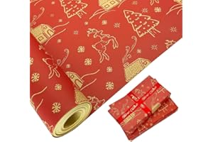 MJNEDY Rouleau de papier cadeau pour Noël : papier kraft rouge avec motif festif, recyclable 76 cm x 15 m