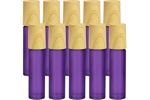 Enenes Ätherische Öle Roller Flaschen 10 Stück 10ml Anti-UV Roller Schwarzglasflaschen mit Holzdeckel & Edelstahl-Roller Ball Ätherische Öle(Lila)