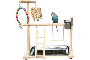 DWE Wooden Bird Playground, Parrot Perch Stand with Tray Feeder Cup Ladder Swing Toys, Budgie Gym for Conures Parakeet Cockatiel Parrots (A)