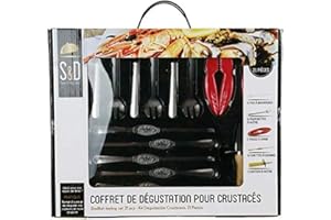 S&D KDO8597 Coffret Dégustation Crustacés 6 fourchettes 6 pics 1 couteau 2 pinces 6 curettes Inox et bois Gris beige et rouge H31 x 4 x 38 cm