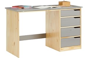 ‎IDIMEX IDIMEX Kinderschreibtisch Emma aus Kiefer Massivholz, Natur/grau - Schreibtisch mit neigungsverstellbarer Tischplatte, schöner Jugendschreibtisch mit 4 Schubladen