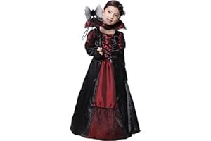 BLUCIELO Costume Halloween Vampira Bambina 3-12 Anni Vestito da Vampira Travestimento Ragazza Bimba Cosplay(SENZA BACCHETTA MAGICA)
