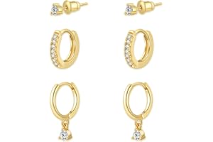 Yamobi Zestaw 3 par kolczyków damskich z 14-karatowego złota, wodoodporne, małe kreolki, hipoalergiczne, możliwość układania w stos, do wielu kolczyków, kreolek