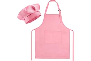 Morcheiong Kids Chef Hat and Apron Set, Adjustable Children's Painting Apron and Chef Hat with 2 Large Pocket for Kids Cooking Painting Baking Activity