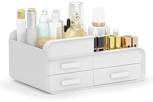 Feibrand Makeup Organiser Cosmetic Storage Box, Make up Organizer for Dressing Table Bathroom, Plastic Cosmetic Organisers with Drawer for Beauty Skincare, White