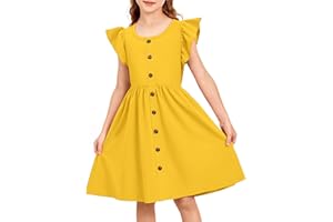 Arshiner Filles Robes à Volants Enfants été Coton Robe de Loisirs Bouton A-Line Col Rond Robe de fête pour Fille 4-14 Ans