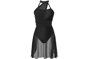 Agoky Abito da Pattinaggio Artistico sul Ghiaccio Donna Chiffon Patchwork Vestito Danza Classica Abito da Ballo Leotards Body da Balletto Senza Manica Jazz Danza Moderna