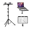 KDD Projector Stand, 4 in 1 Foldable Music Stand with Spring Arm Laptop Floor Stand Tablet Holder with Sliding Lever, Projector Stand Height Adjustable from 59 to 160 cm & 180° Rotatable
