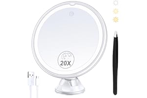 MIYADIVA Miroir grossissant Rechargeable 2024 avec lumière, Miroir de Maquillage éclairé x20, Miroir de Maquillage grossissant 3 Couleurs avec lumière 34 LED, Miroir de courtoisie Rotatif à 360° avec