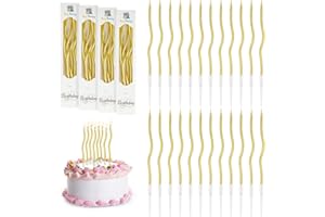 URAQT 24 Velas de Cumpleaños Retorcidas, Velas de Cumpleaños en Espiral en Soportes, Velas Metálicas Largas y Delgadas para Cupcakes para Cumpleaños, Bodas, Decoración de Fiestas,(Dorado)