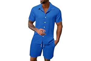DFEK Mens Cotton Linen Shirt and Shorts Sets UK Tracksuit Set Summer Co Ord Set Short Sleeve Button Down Shirts & Shorts with Pockets 2 Piece Outfits Vacation Beach Suits