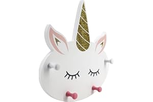Home Deco Kids HD2358 - Perchero de pared para niño, 4 colgantes, diseño de unicornio, color blanco, rosa, gris y dorado con purpurina, madera MDF 30 x 30,5 x 4,4 cm