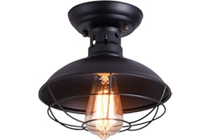 ‎QCYUUI Qcyuui Rustikale Deckenleuchte Schwarz, E27 Mini Pendelleuchte Semi Flush montiert mit industriellem Metallkäfig, Deckenleuchte im Landhausstil für Flur Treppe Foyer Küche Veranda Eingang