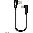 KIPZO® Strong Black l shape 90 degree Short Usb Cable type C Cable Fast Charging Type C short cable fast charging small Nylon braided cord wire 25cm for power bank smart phone android Galaxy