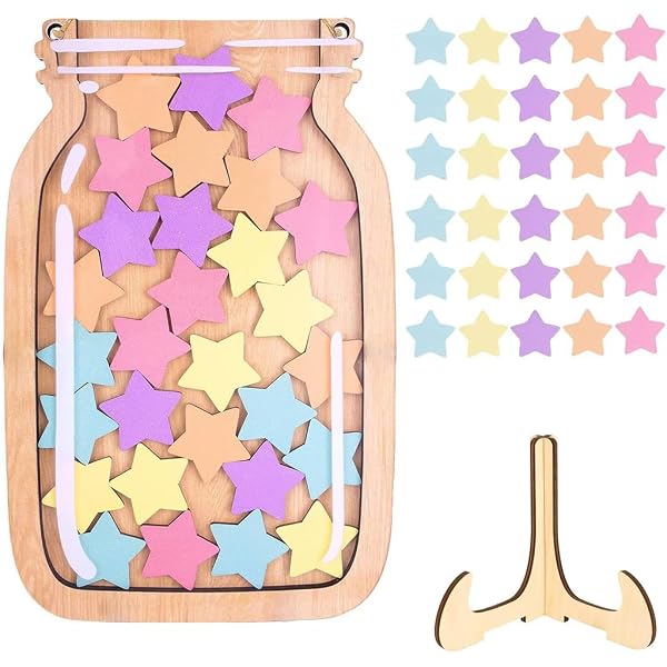CRASPIRE Barattolo Delle Stelle In Legno Con Base – Sistema Di Ricompensa Per Bambini Con 35 Stelle Colorate – Incentivo Per Comportamento Positivo In Casa E Aula