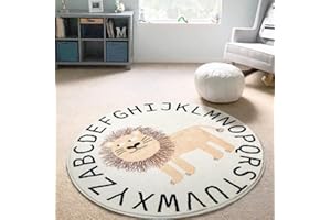 Sedefen Teppich Rund 100cm Kinderzimmer Mädchen Tiere Motive Löwe Weiß Kinderteppich Waschmaschinenfest rutschfest Flauschig Teppich für Schlafzimmer Wohnzimmer