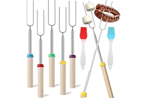 SUFANG 5pcs Marshmallow Roasting Stick Extensible 30,5-81cm, pinchos telescópicos para barbacoa trae 2 cepillos, Reutilizables Barbacoa de Acero Inoxidable para Fogatas Hot Dog Parrilla