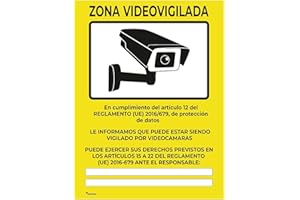 Seribas Señal Zona Videovigilada Cartel de PVC rígido 0,7mm 20 x 15cm Amarillo Tinta y Material Resistente Interiores y Exteriores