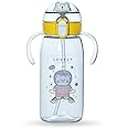 Attro Teddu 550ml Cute and Convenient Cartoon Printed Kids Tritan Water Bottle with Two Side Handles, Strap & Straw Lid BPA-Free,Leak-Proof-Perfect for School,Sports and Travel-White