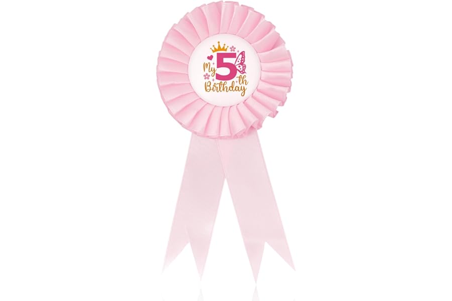 Bliceon 5th Birthday Badge, 5th Birthday Girl Badge with Pin, Pink Award Ribbon Badges for Girls Party Decoration, Celebration Accessory