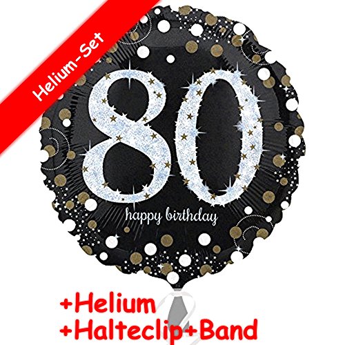 Folienballon * ZAHL 80 HAPPY BIRTHDAY + HELIUM FÜLLUNG + HALTE CLIP + BAND * zum 80. Geburtstag // Folien Ballon Party Helium Deko Ballongas Motto 80 achtzig Jahre Glückwunsch