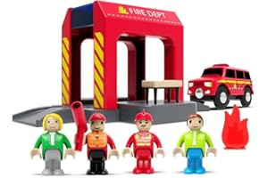 TOPLIVING Accesorios para ferrocarriles de madera, estación de bomberos, compatible con todos los carriles de ferrocarril, paquete de expansión para niños a partir de 3 años