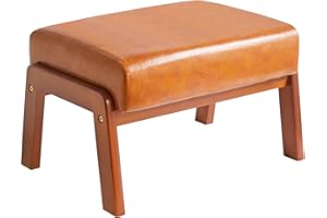 IBUYKE 10.2” H Small Foot Stool Ottoman, Rectangle PU Faux Leather Foot Rest with Padded Seat and Wood Legs, Modern Ottoman Foot Rest for Living Room Bedroom Couch Office, Yellowish-Brown WBD013J
