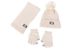 NautySaurs Boys Girls Hat Scarf and Gloves Set Winter Thermal Knit Crochet Bobble Hat Fleece Lined Beanie for Kids Aged 2-8 Years