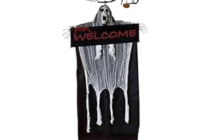 PAPU 150 cm Halloween Deko Hängende Geister mit Welcome Schild,Horror Sensenmann Dekorationen Ghost zum Aufhängen Halloween Deko Gruselig Geist für Spukhaus-Requisiten,Garten Outdoor,Hof Rasen