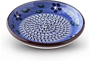 THE GREAT GARLIC GRATER Garlic Grater Plate. (#Ref 5). Handmade and Hand Painted in Cordoba, Spain. Garlic Grater Plate, Blue with Brown Rim and Flowers.