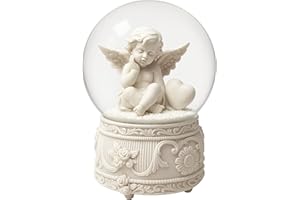 JROSE COLLECTIONS Battery Operated Angel Snow Globe 100mm – White Angel Figurine with Heart – LED Light Musical Snow Dome – Elegant Home Décor, Memorial Keepsake, Wedding & Anniversary Ornament JR5200
