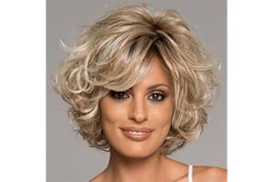 AIYLMZ Señoras Rubio Corto Rizado Parte Lateral Pelucas Pelucas en Capas Mullido Natural Rizado Pelucas Completas para Mujeres Cabello Capa Corta Flequillo Cabello (Oro Mixto)