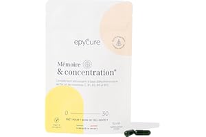 EPYCURE - Cure Mémoire & Concentration - Énergie Mentale, Concentration et Anti-Fatigue - 100% Naturel - Éleuthérocoque, Zinc, Vitamines C, B1, B5, B9, B12, Spiruline - 1 Mois - Vegan