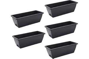 The Fellie 5 PCS Large Garden Planter Plastic Trough With Drainage Holes & Tray, Outdoor Rectangle Long Planter For Windowsill & Balcony, Vegetable Plant Pot For Succulent & Herbs, Grey 42.5*17*15CM