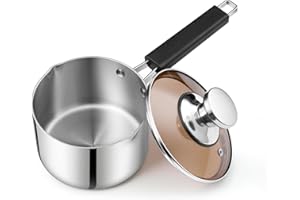 Homikit 14cm Tri-Ply Saucepan, Stainless Steel Milk Cooking Pan with Small Pouring Lips & Glass Lid, Suitable for Induction, Gas & Electric Hobs, Healthy, Mirror Finished & Easy Clean - 1 L