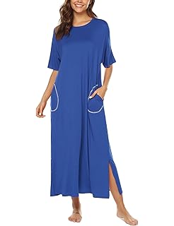 BESDELWomen's Nightgown Short Sleeve Long Sleepwear with Pockets Loose Fit Nightshirt S-XXL