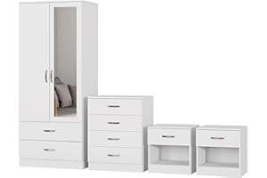Nera Bedroom Furniture Set 4 Piece Set Wardrobe with Drawers Chest of Drawer Bedside Table Bedroom Storage (With Mirror Matt White)