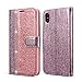 Produktbild Ostop Glitzer Rosegold Hülle für iPhone XS Max,Prämie PU Leder Brieftasche Handyhülle Hybrid Weich Flüssig Silikon,Bling Diamant Buch Klapphülle mit Kartenfach für iPhone XS Max