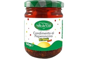 VALLE DEL CRATI ECCELLENZE GASTRONOMICHE DAL 1998 Valle del Crati Condimento al Peperoncino in Olio di Oliva | Peperoncino Calabrese Piccante a Scaglie | Condimento Piccante per Carne Pesce e Primi Piatti | No Allergeni | 160 Grammi