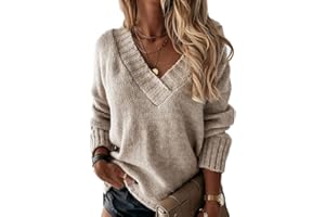 Minetom Femme Pull en Tricot Col en V Pullover Couleur Unie Léger Casual Manches Longues Pull Tricoté Chaud Hauts Chandail Automne Hiver