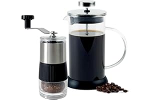 VAKOWOO 2 Cup French Press Coffee Maker with Manual Coffee Grinder, 350 ml Cafetiere Coffee Plunger for Filter Coffee, Loose Tea, Milk Froth, Stainless Steel Filter, Heat-resistant Borosilicate Glass