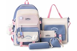 IvyH Zaino Scuola Elementare Bambina - Set di Zaini Scuola Media 5 pezzi con Borsa per la Spesa Astuccio per le Matite - Zainetto per Ragazza 8-16 anni, 45 cm, Blu