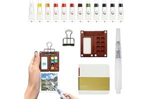 EIAIGKY Kit Acuarelas de Viaje Mini, Mini Acuarelas Portátiles con Paleta de Madera a 8 Compartimentos con 12 Colores Intensos, 1 Pinceles, Cuaderno de Bocetos y Clip Metálico para Artistas Estudiantes Viajes