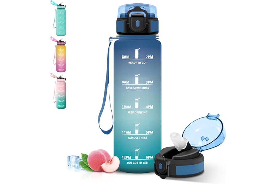 Grsta 1L Water Bottle, Motivational Water Bottle, Water Bottle with Straw, Leak Proof, Gym Water Bottles with Time Indicator for Hiking, Fitness, Gym