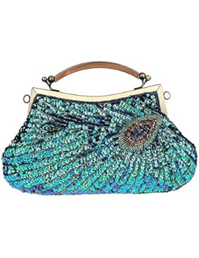 Cheerlife Luxus Glitzer Vintage Damen Clutch Abendtasche Tasche mit Pfauenfeder Motiv Brauttasche Handtasche Pailletten...