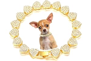 Pimaodog Dog Chain Collar, Heart Style Bling Diamond Cuban Link Dog Collars Glitter Chain Rhinestone Puppy Necklace for for XXS XS Small Medium Pet Dogs Cats (Gold, 12 Inch)