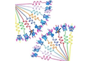 Ksopsdey 16 Piezas Pajitas de Stitch para Niños, Pajitas Plastico Pajitas Rizadas para Niños, Pajitas de Plástico Reutilizables, Fiesta Pajitas,Artículos de Fiesta de Cumpleaños para Niños