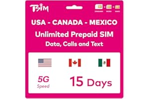 TSIM Carta SIM Prepagata USA per 15 Giorni | Dati Illimitati 4G/5G negli Stati Uniti + 5GB Canada/Messico | Chiamate Locali Illimitate | Chiamate e SMS Gratuiti in Arrivo