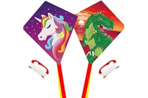 HONBO Diamond Kite 2-Pack: Dinosaur & Unicorn Eddy Kites, Beginner-Friendly for Kids 3+, 60x70cm with 2x300cm Tails, Handle & 60m String with Swivel