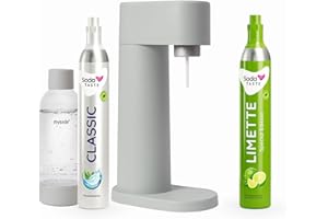 SODATASTE Sparpaket: Mysoda Woody - Wassersprudler aus erneuerbarem Holzkomposit mit 1L BPA-freier Plastikflasche, CO2-Zylinder Classic + CO2-Zylinder Limette (Grau)